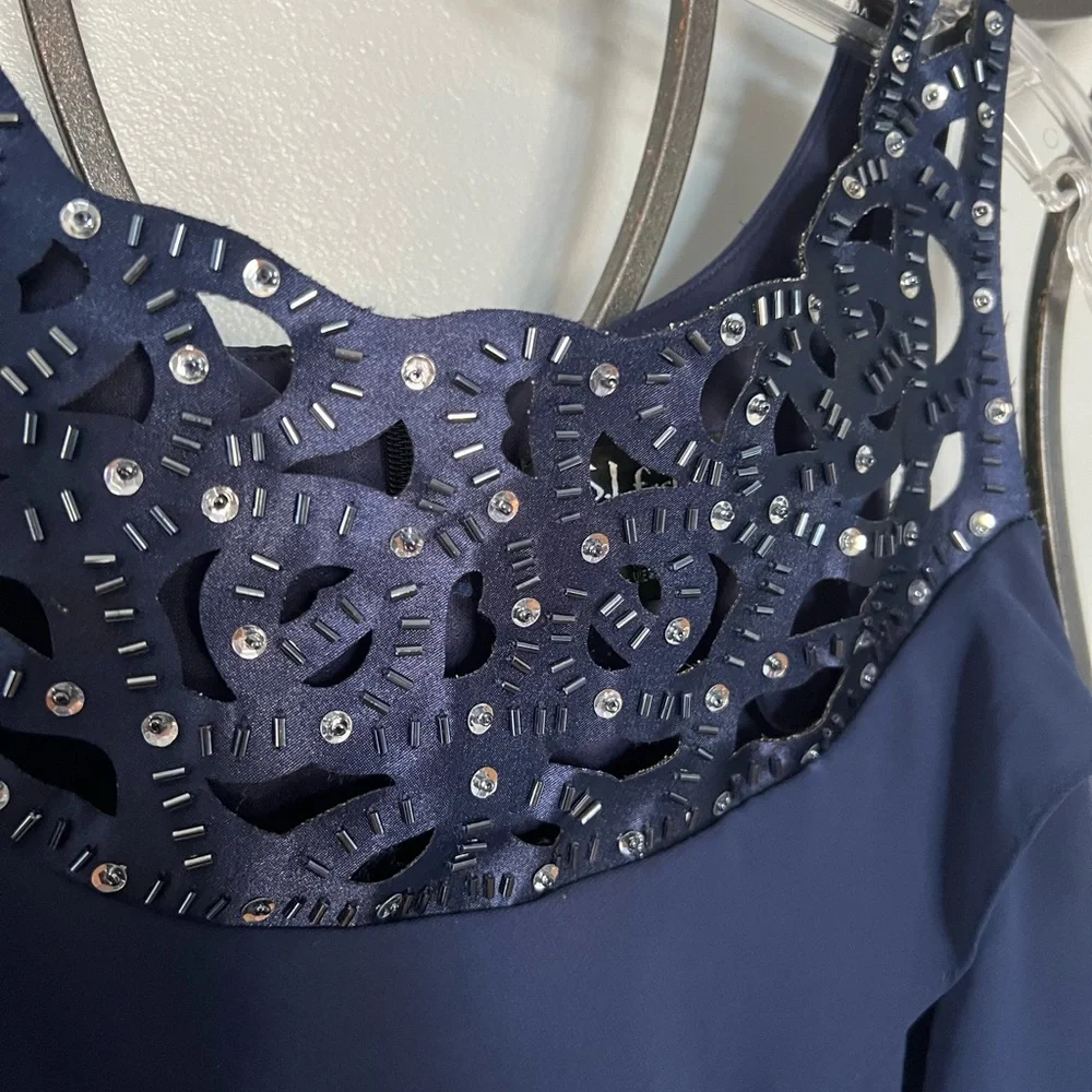 S.L. Fashions navy sleeveless, tiered dress with beading, size 14. - Picture 2 of 8